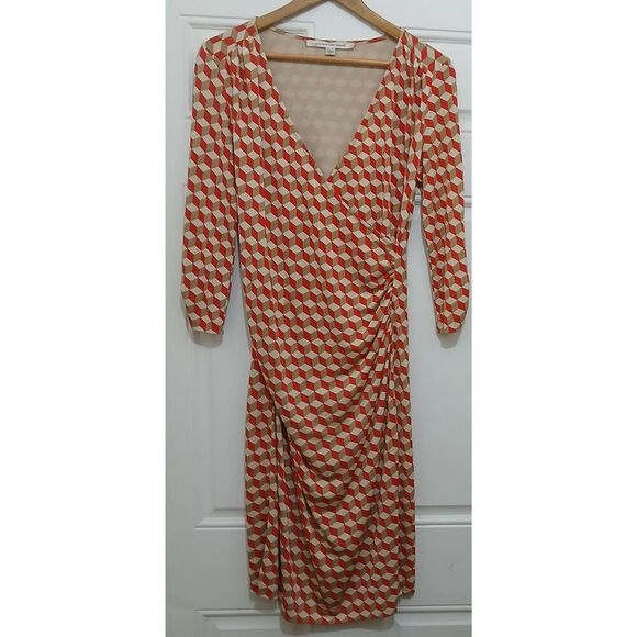 Diane von Furstenberg womens large 100% silk geometric midi dress red tan - Picture 1 of 9